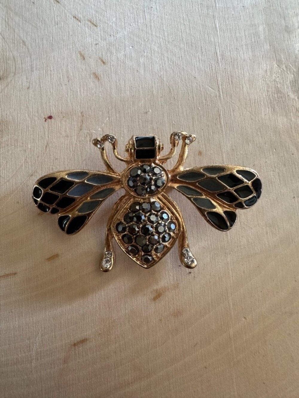Gold-Tone Bee Brooch With Black & Clear Rhinestones And Enamel Wings Sparkle